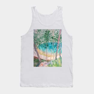 An abstract watercolour and pencil depiction of a green lake. Tank Top